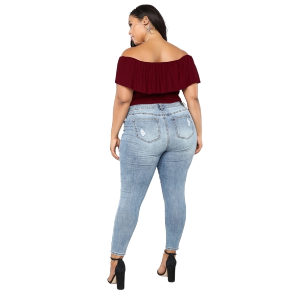 Fashion Nova Off the Shoulder Ruffle Plus Size Bodysuit, Burgundy, 3X - Picture 3 of 6